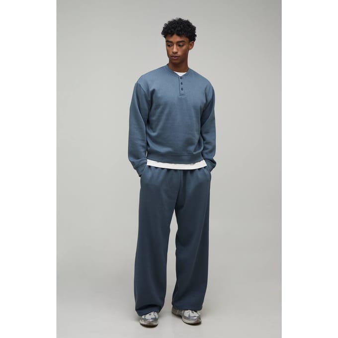 Oversized Boxy Henley Sweatshirt En Wijde Pijpen Joggingbroek | Slate | Size Small