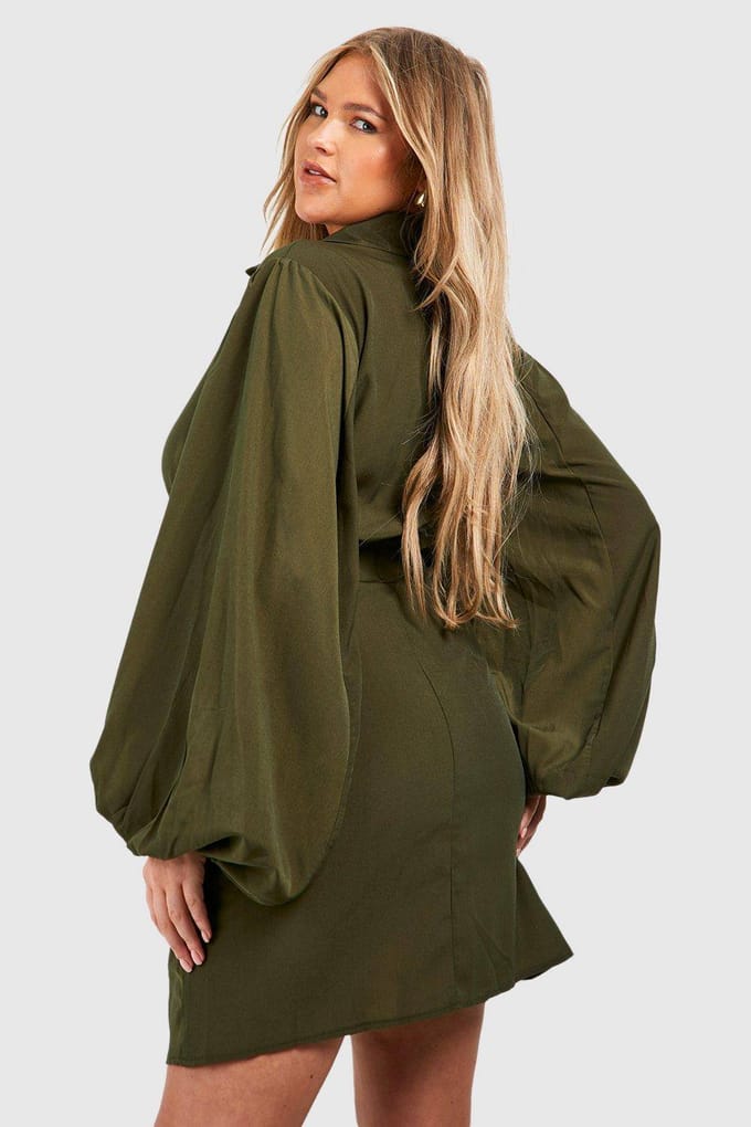 boohoo Dames Plus Blouson Mouw Wrap Jurk | Kaki | Maat: 54