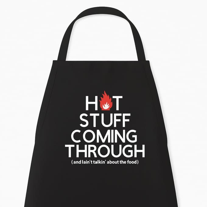 Keukenschort "Hot Stuff Coming Through" | Grappig Kerstcadeau & Sinterklaas | Zwart
