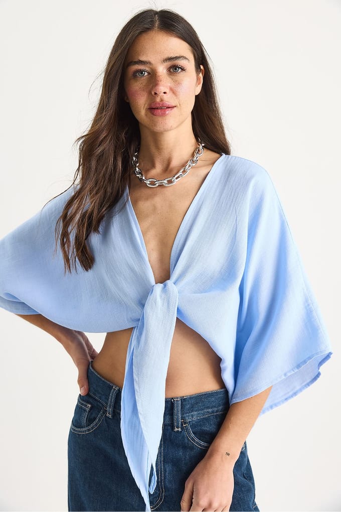 Driekwartmouwen V-hals Crop Blouse met Binddetail