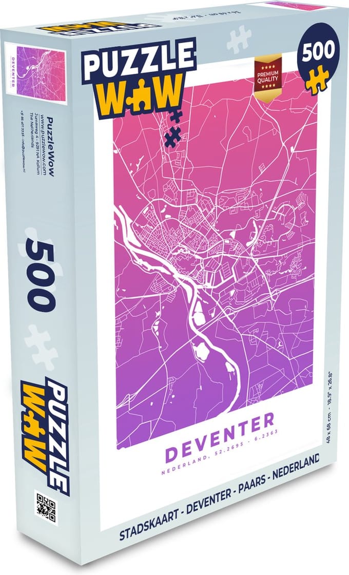 Puzzel Stadskaart - Deventer - Paars - Nederland - Legpuzzel - Puzzel 500 stukjes - Plattegrond