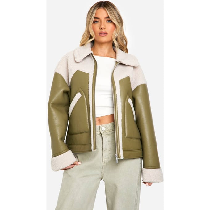 boohoo Dames Aviatorjas van kunstleer met teddy-afwerking | Sage | Maat: 8
