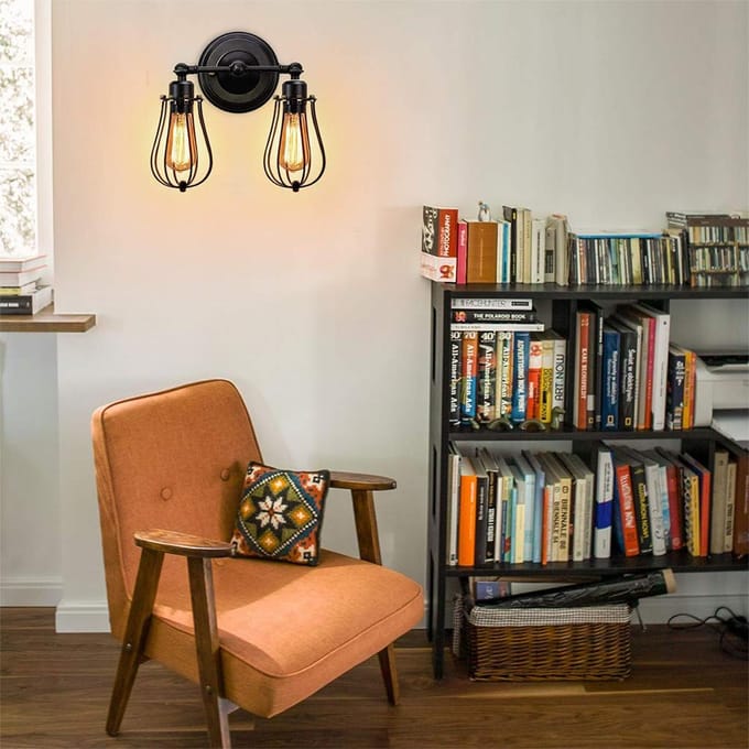 Wandlamp met dubbele kop Industrieel Draadkooi Wandlicht Vintage Stijl Wandlamp black