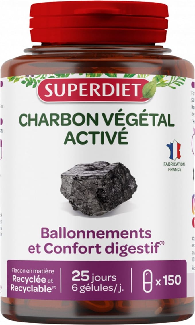 Superdiet Geactiveerde Plantaardige Koolstof 150 Capsules