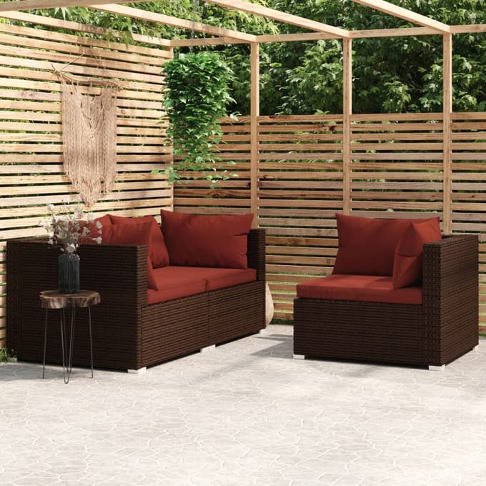 vidaXL - 3-delige - Loungeset - met - kussens - poly - rattan - bruin