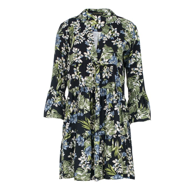 Khaki, ecru en blauwe bloemenjurk met klokmouwen