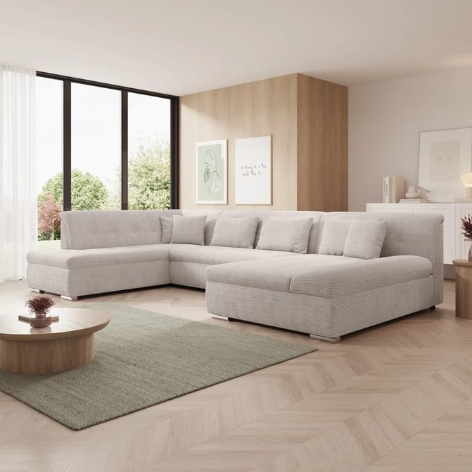 Meubella - Hoekbank Alberta XL - Beige - Ribstof - Rechts