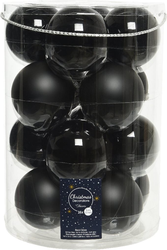 Decoris kerstballen - 16x stuks - zwart - glas - 8 cm - mat/glans - kerstboom versiering - kerstversiering
