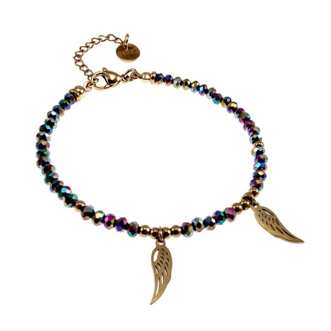 Armband Dames - Verguld RVS - Multicolor Gefacetteerde Kristallen Armband met Engelenvleugel – Verstelbaar 15cm tot 19cm