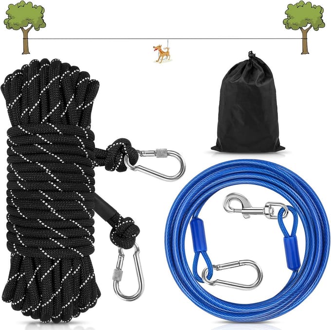 Draagbare Hondenloopkabel 50 Voet met 360° Draaibare Sluiting en Reflecterende Strepen