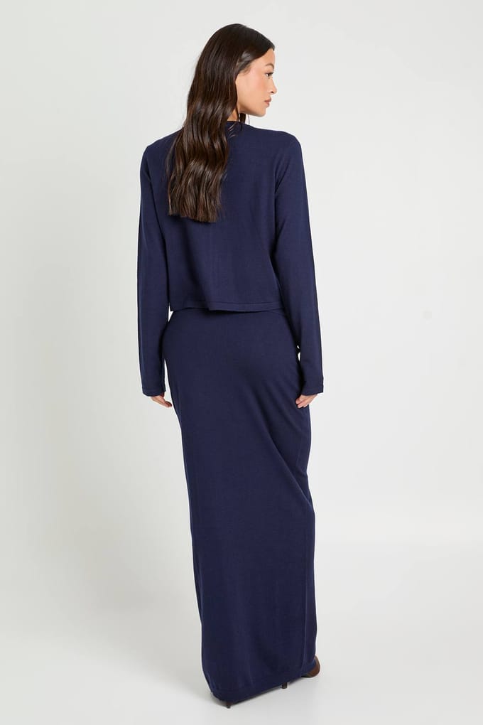 boohoo Dames Hoge Ribgebreide Maxi Rok | Navy | Maat: 12