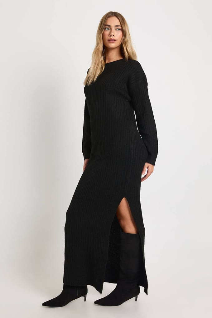 boohoo Dames Zachte Rib Maxi Gebreide Jurk | Black | Maat: 10