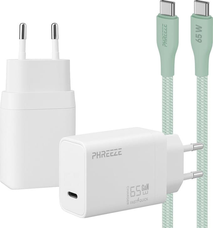 Phreeze usb C oplader 65w met usb C naar usb C kabel groen - Power adapter - PPS fast charger voor telefoon en laptop