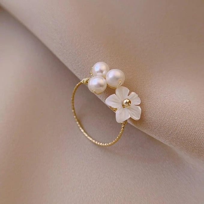 Bagues tendance en forme de fleur de coquille d'eau douce pour femmes étudiantes, bijoux élégants en perles simulées gray