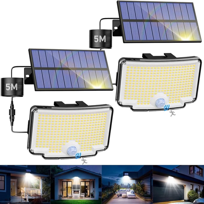Set van 2 Solar Buitenlampen met Bewegingsmelder | 318 LED's | Waterdicht | 3 Modi | Inclusief 5m Kabel