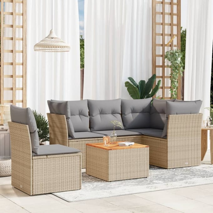 vidaXL - 6-delige - Loungeset - met - kussens - poly - rattan - beige