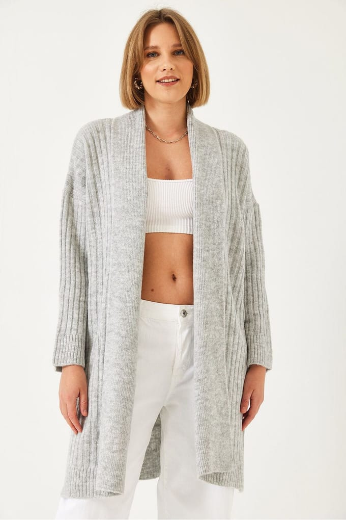 Gestructureerde Lange Geribbelde Sjaalkraag Cardigan