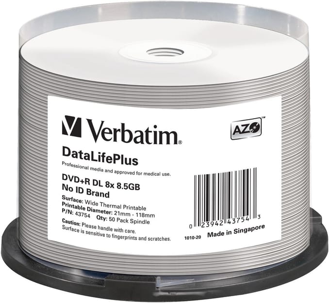 Verbatim DVD+R 8,5Gb=Dual Layer 8x wide thermal printable, Cakebox van 50 stuks(43754)