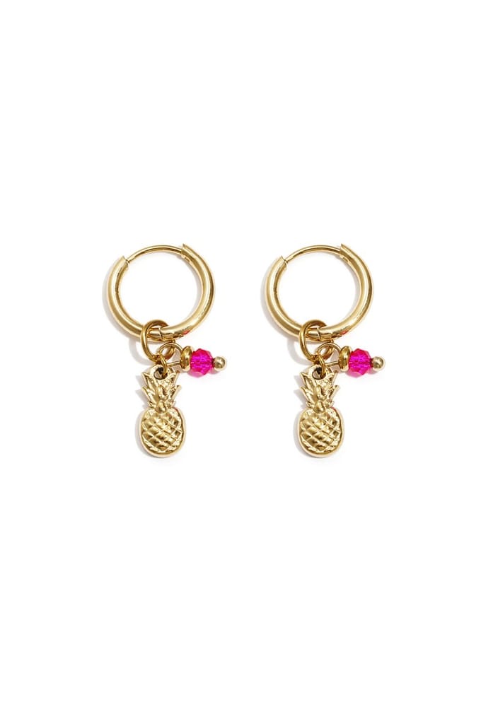 Oorbellen Ananas - Trending - RVS - Goud - Fuschia