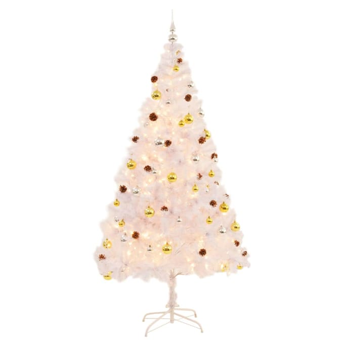 vidaXL - Kunstkerstboom - met - verlichting - en - kerstballen - 210 - cm - wit