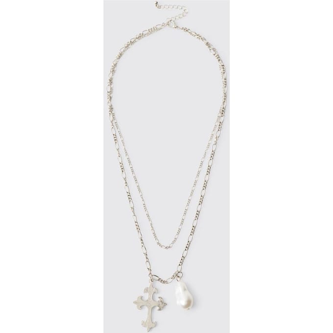 Cross and Faux Pearl Layered Necklace in Silver