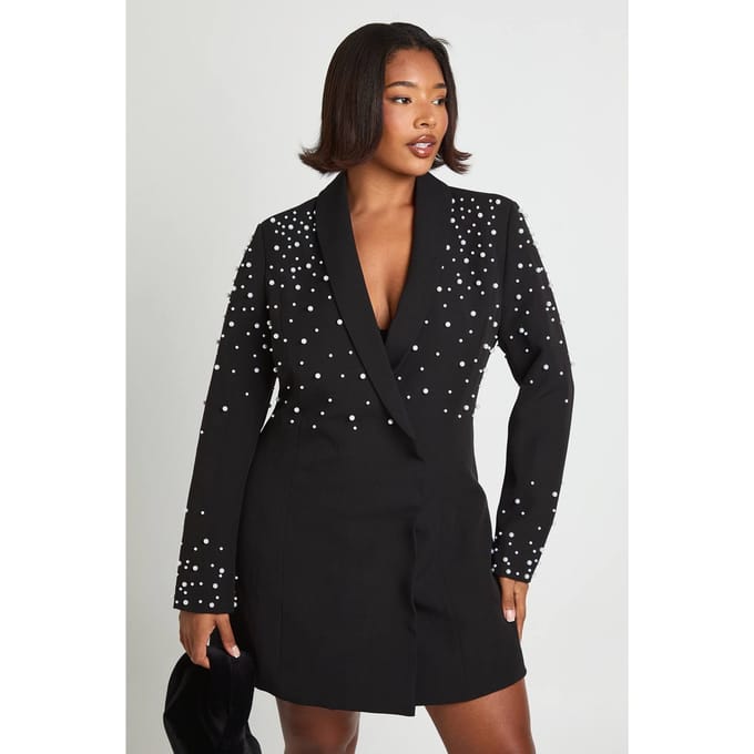 boohoo Dames Plus Parel Versierde Blazerjurk | Zwart | Maat: 48