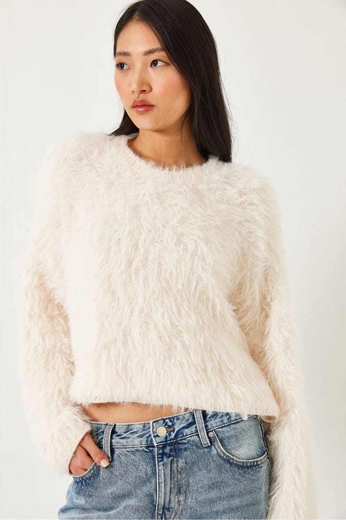 Textuur Crew Neck Crop Trui met Pluche Detail