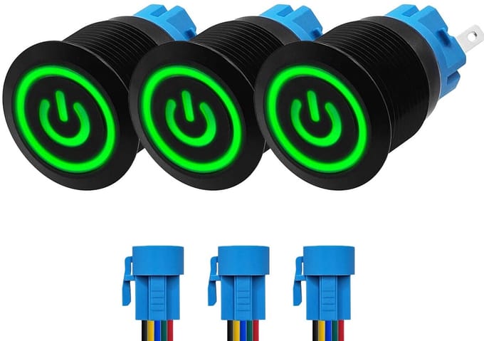 ProRide Drukschakelaar ON-OFF 220V - 19mm Metaal - Waterdicht - LED Groen - Met Kabels - 3 stuks