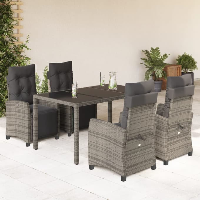 vidaXL - 5-delige - Tuinset - met - kussens - poly - rattan - grijs