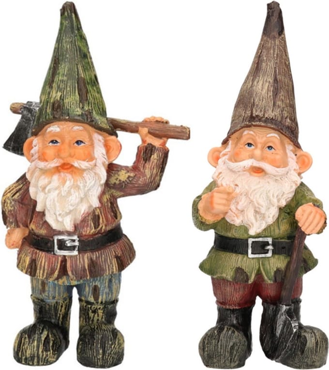 Tuinkabouters - 2x - polystone - 24 cm - met bijl/met schop - tuindecoratie