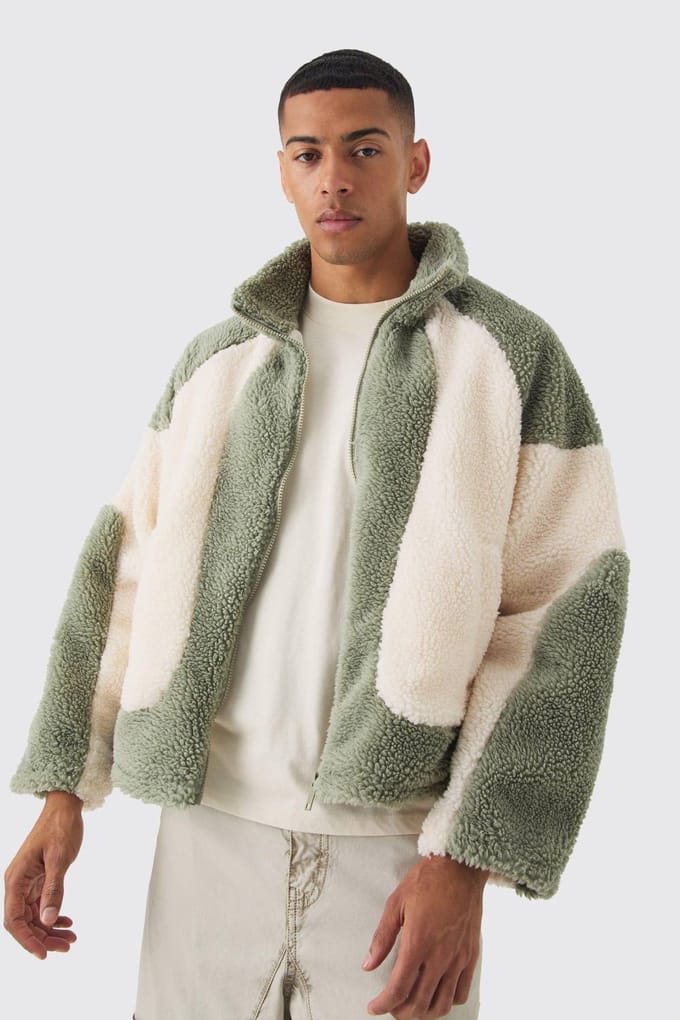 Colour Block Borg Jacket In Sage | Size Medium