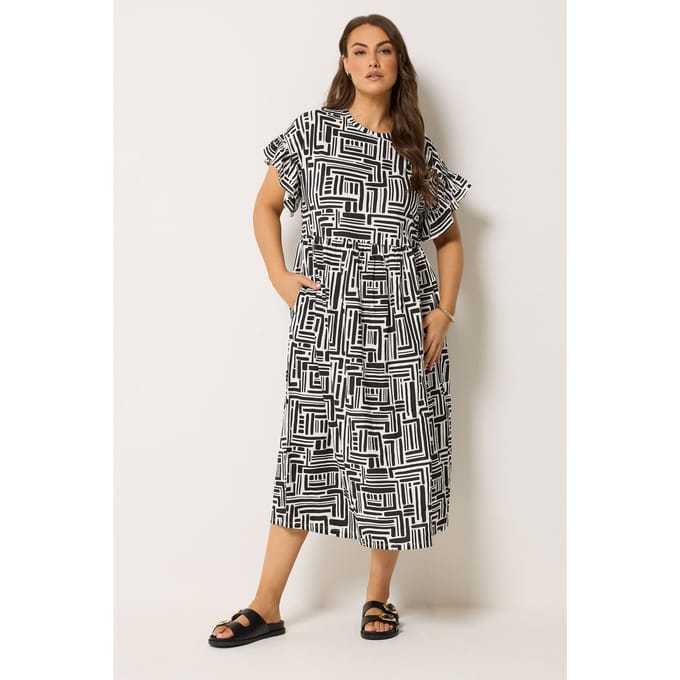 Yours Zwarte Jurk Met Abstracte Print En Ruches Aan De Mouwen Size 48