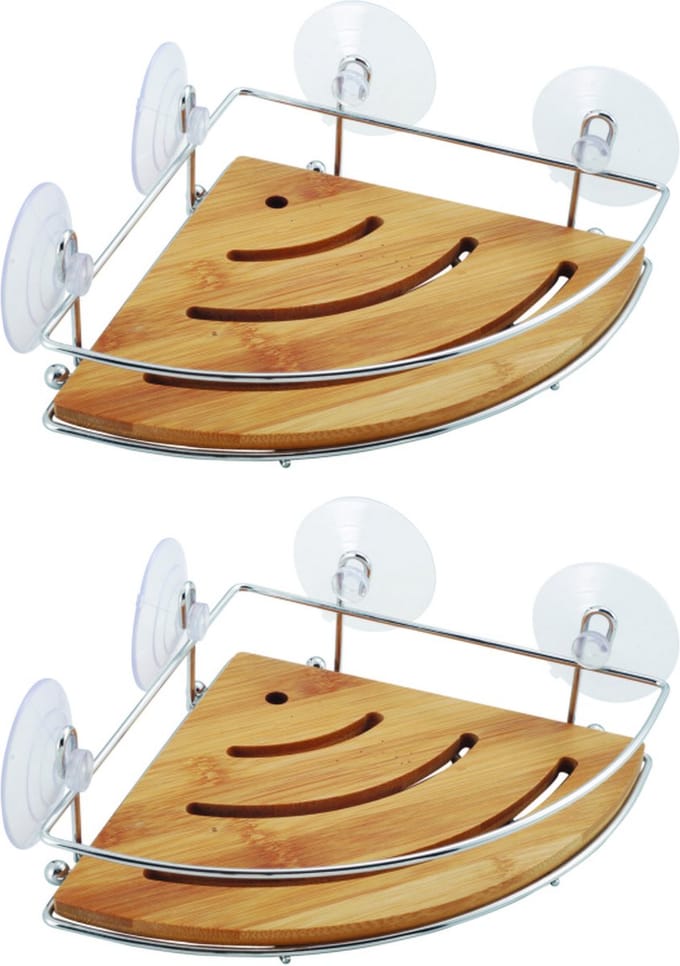 MSV doucherekje/badkamerrek - 2x - hoek-model - bamboe hout - metaal - 20 x 20 cm