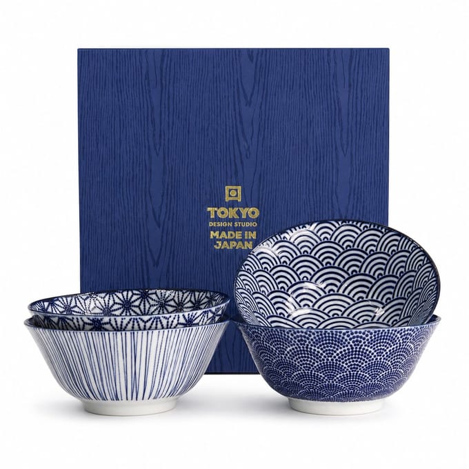 Tokyo Design Studio Nippon Blue - Set van 4 Kommen - Ø 15,2 cm - 500ml - In fraaie Geschenkdoos