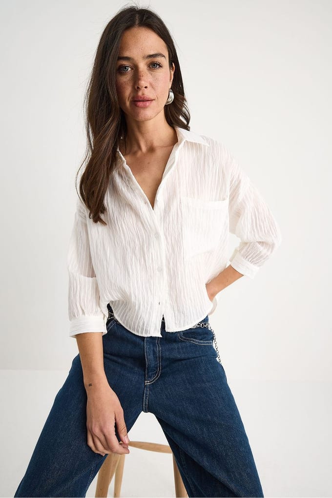 Gestreepte Gevoerde Crop Shirt met Knopen en Zak