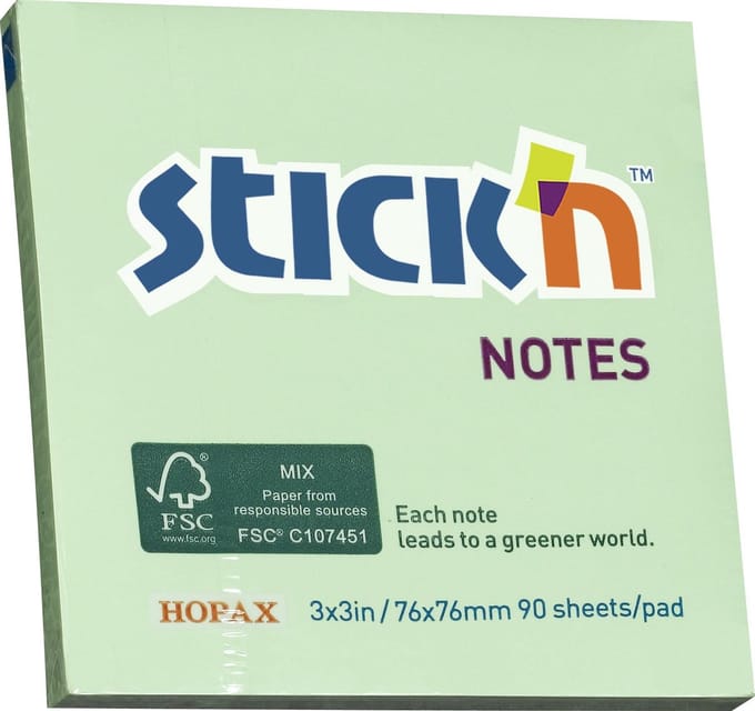 Stick'n Sticky Notes - 76x76mm - FSC - Pastel Groen - 90 Memoblaadjes