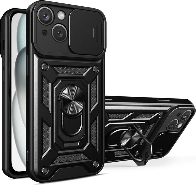 Hoesje geschikt voor iPhone 15 Plus met Ringhouder en Camera schuifje – Zwart