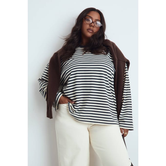 boohoo Dames Plus ronde hals oversized gestreept top | Citroen | Maat: 52