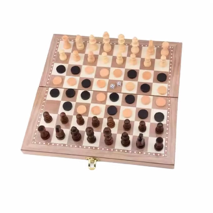 Lapi Toys - Schaken - Backgammon - Dammen - Opvouwbaar - 29.5 x 29.5 x 2 cm - Hout - Crème