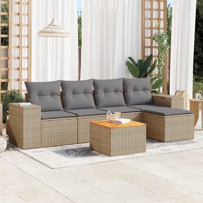 vidaXL - 6-delige - Loungeset - met - kussens - poly - rattan - beige