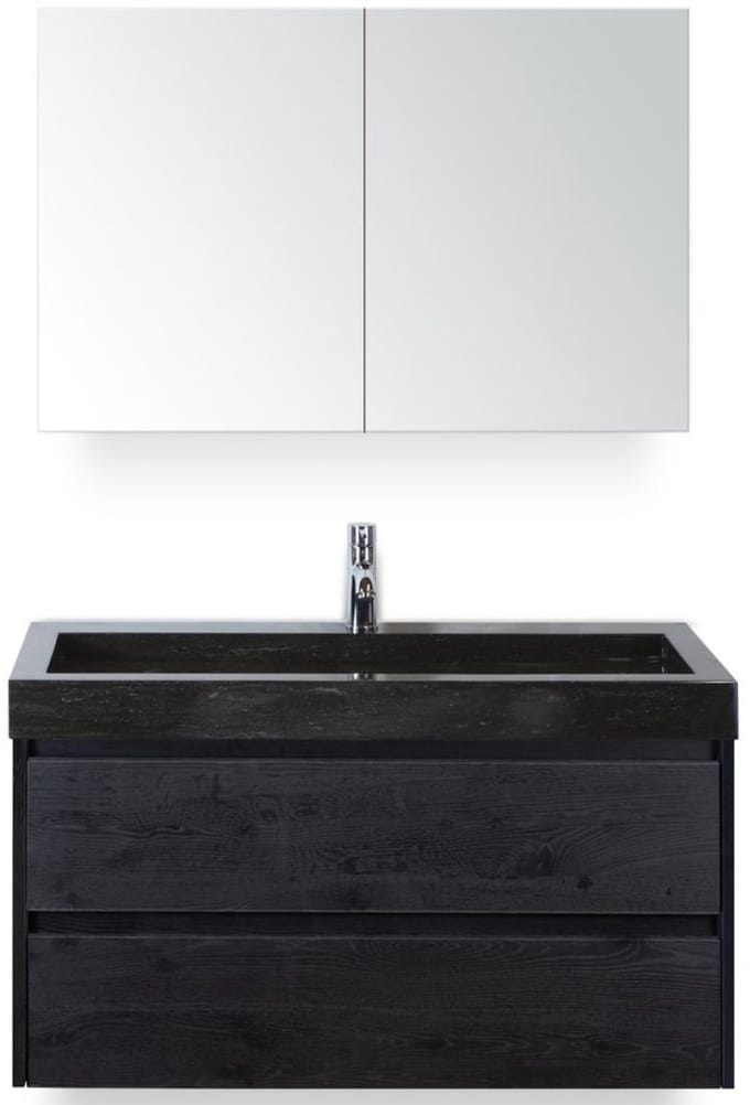 Dante Badmeubelset 100 cm - Black Oak - Wastafel Hardsteen Wit Lucca met Spiegelkast