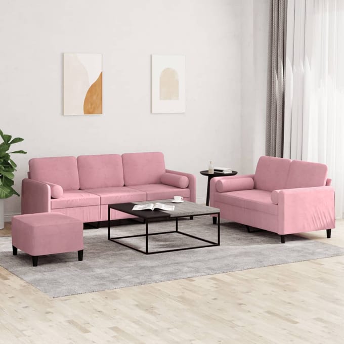 vidaXL - 3-delige - Loungeset - met - kussens - fluweel - roze