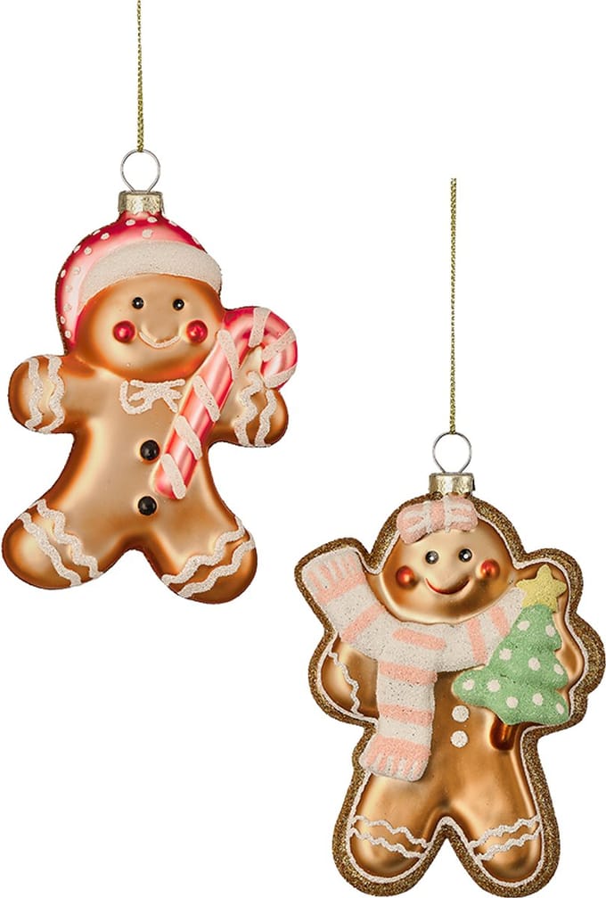 Viv! Christmas Kerstornament - Gingerbread Poppetjes - set van 2 - glas - bruin roze - 13cm