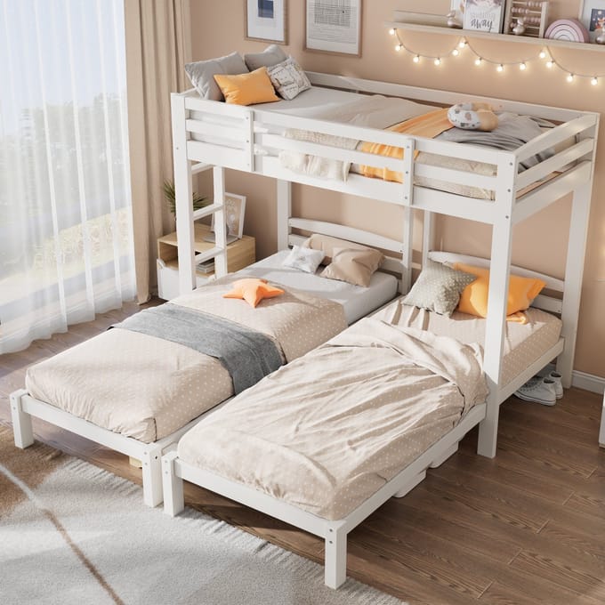 MODFU Drievoudig stapelbed 90x200 cm van massief hout – wit – met zijladder – 3 slaapplaatsen voor het hele gezin