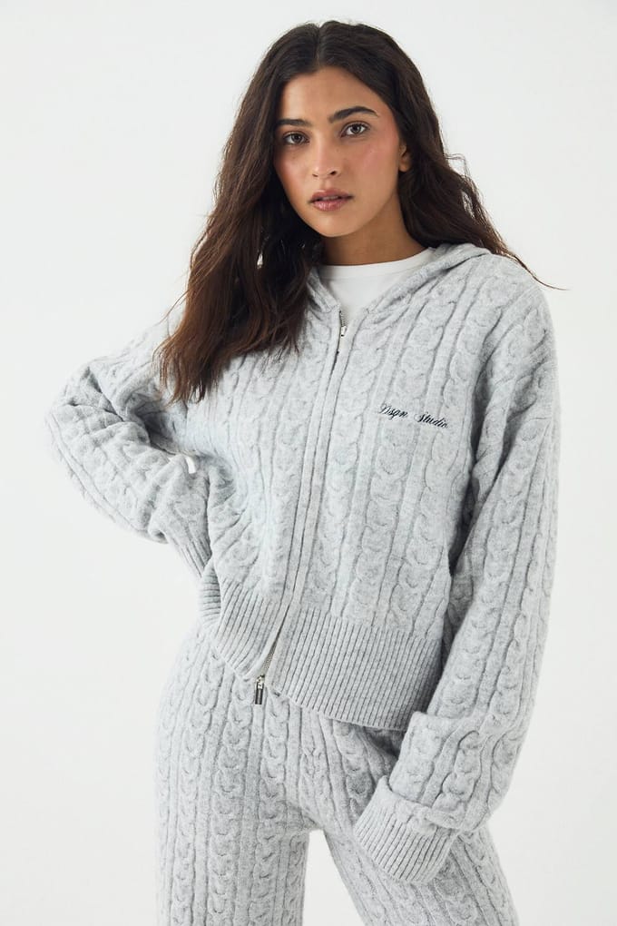 Dames DSGN Studio Kabelgebreide Hoodie met Rits | Ash Grey | Maat: 2XL