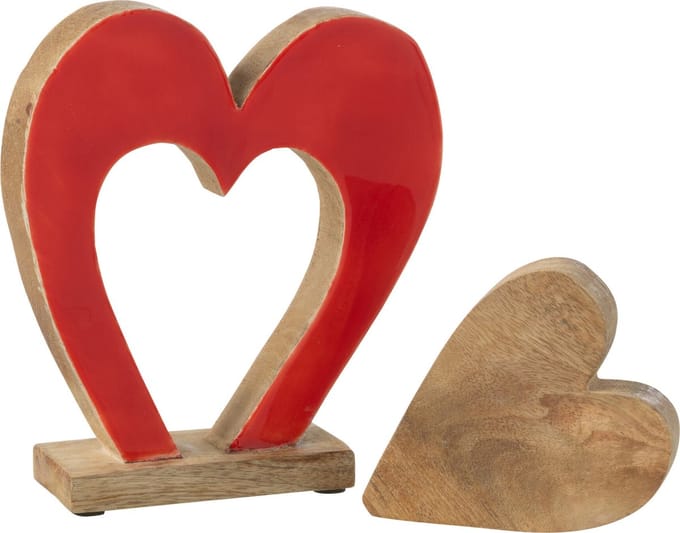 J-Line decoratie Hart Dubbel Op Voet - mangohout - rood/naturel - medium