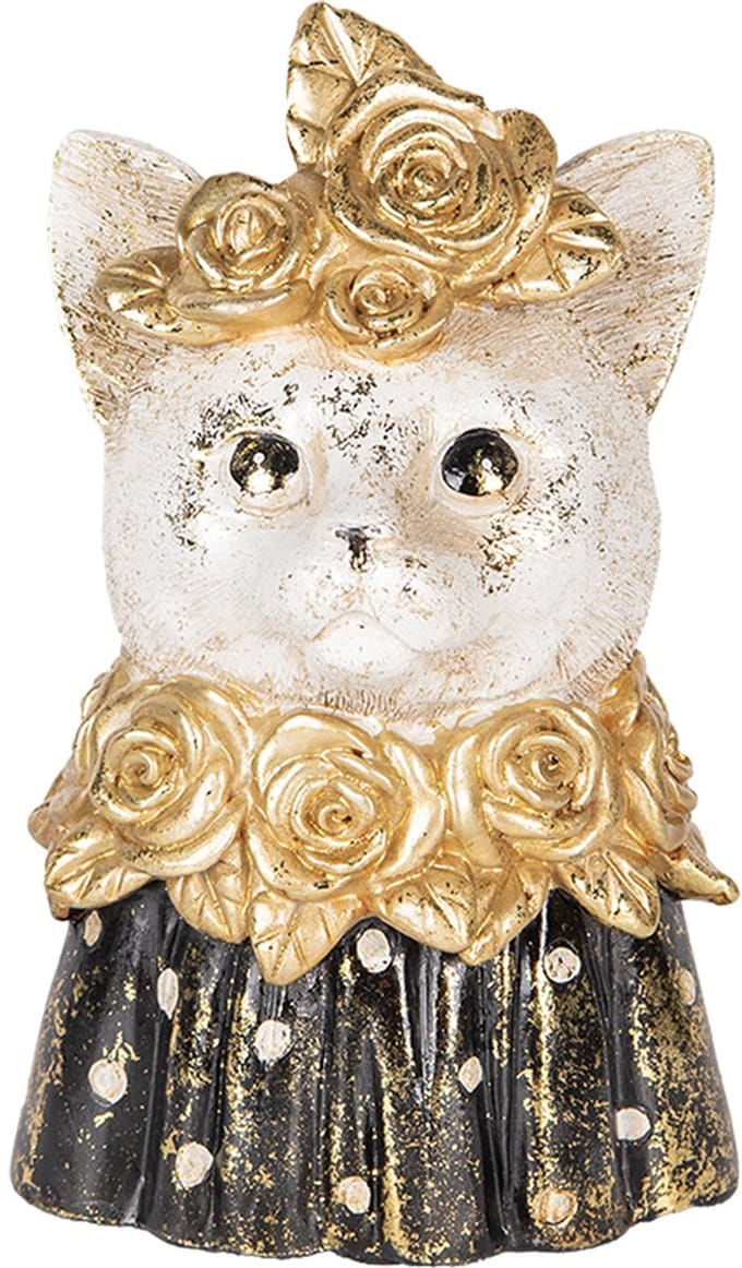 Clayre & Eef Decoratie Beeld Kat 12x10x18 cm Wit Zwart Kunststof