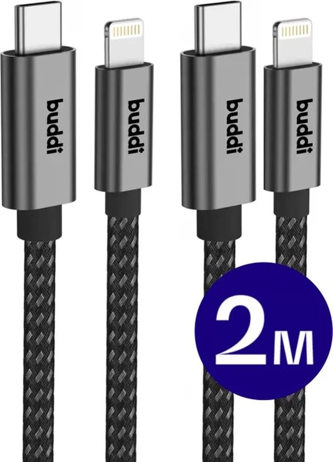 Duo Pack - Buddi Flex | USB-C naar Lightning Kabel 20W Fast Charge | Power Delivery | 480Mbps Dataoverdracht | Gevlochten Nylon | 2M | 2 Meter | Zwart