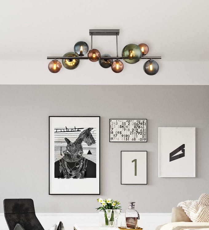 Globo Plafondlamp Riha, lengte 87 cm, rookgrijs/zwart, 9-lamps.