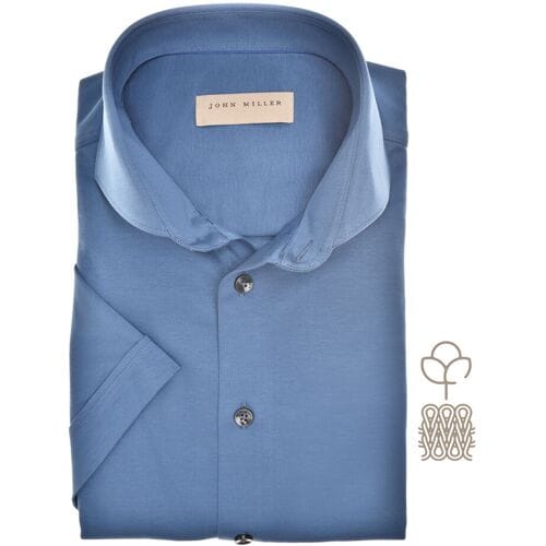 John Miller Overhemd Solid Color Slim Short Sleeve Cutaway Jersey Blauw / male